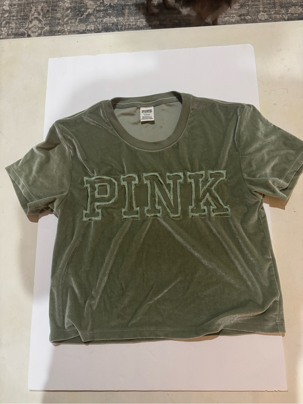 PINK Victoria's Secret by Victoria's Secret ladies olive Green Velour Logo Tee